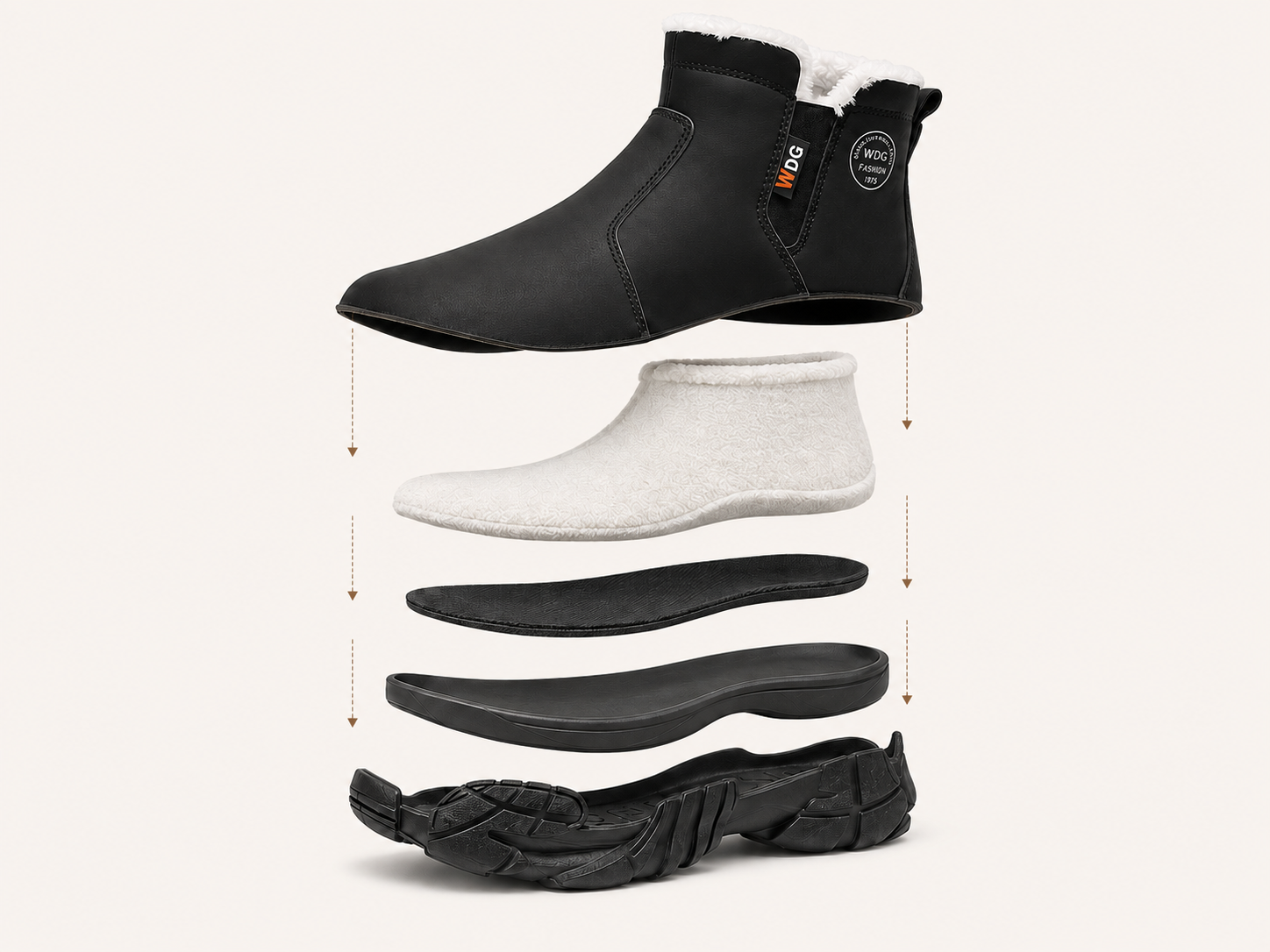 Five-layer exploded anatomy showing leather upper, fleece lining, footbed, midsole and rubber outsole